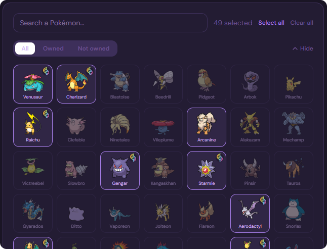 QuickDraft Pokémon collection picker interface